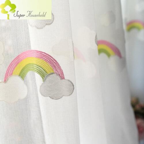 Korean Embroidered White Cloud & Rainbow Sheer Window Curtains Bedroom Tulle Cotton Flax Panels Voile for Living room