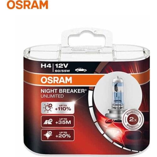 OSRAM H4 60/55W Night Breaker Unlimited 12V 64193NBU +110% Bright White Car Headlight Genuine Halogen Lamp 3900K (2 Pcs)
