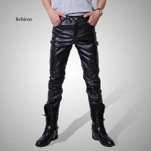 Men skinny faux leather leisure pants black pu Shiny pants singers club performance on stage Dancer jeans plus Negotiating