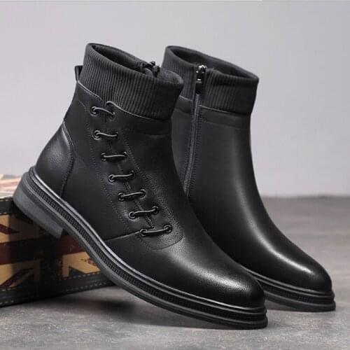 Mens winter boots authentic cowhide Chelsea boots broch casual ankle flat shoes comfortable quality side zipper low boots 2021
