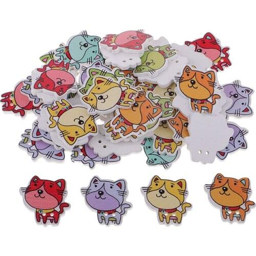 Pack of 50 Mixed Random 2 Holes Cat Shape Wood Wooden Buttons for Sewing Crafting