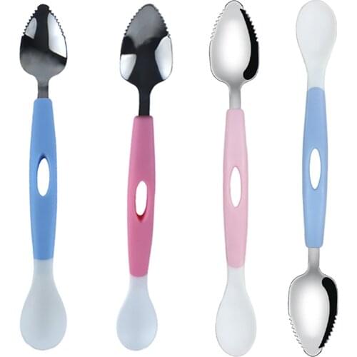 2021 New Kids Spoon Double-Ended Baby Feeding Training Spoon Stainless Steel Serrated Fruit Scraping Utensil