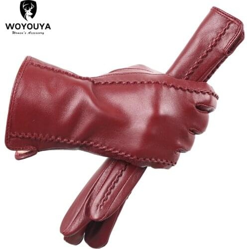 Womens gloves sheepskin winter warmth plus velvet short thin screen driving color leather gloves women New high-end -2224