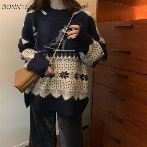 Pullovers Women Sweater All-match Navy Autumn Loose Design Vintage Lady Long Sleeve Knit Stylish O-Neck Retro Teenager Artistic