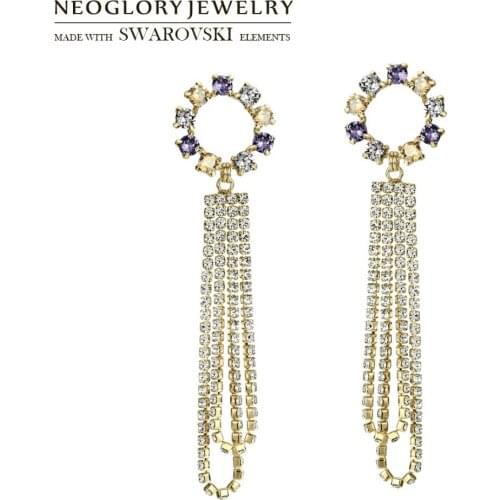 Neoglory Austria Rhinestone & Czech Rhinestone Tassels Chain Drop Earrings Round Circles Stylish Elegant Classic Women Gift