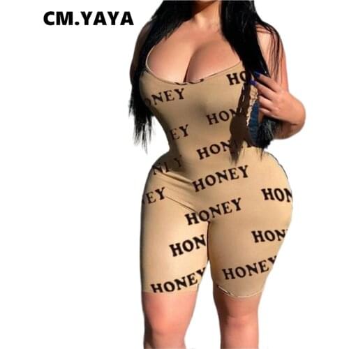 CM.YAYA Women Playsuit Letter Print Sleeveless Strap O-neck Strechy Bodycon Playsuits Sexy Rompers One Piece Overalls Summer