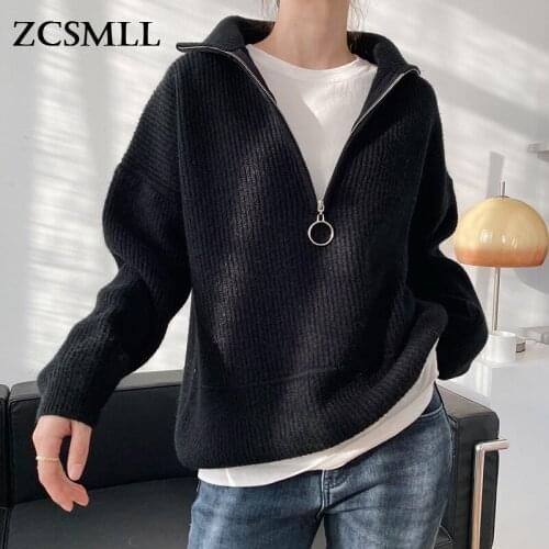 ZCSMLL turtelneck split Zipper Sweater Women Fall winter Loose korea fashion Outer Wear Pullover Thick Knitted Top 2021