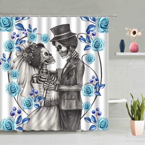 Halloween Skeleton Shower Curtains Skull Couple Pattern Poster Bathroom Decoration Bath Curtain Washable With Hook Home Screen