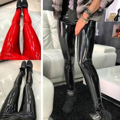 High Waist Shiny Pu Leather Pencil Pants Zipper Back Women Faux Leather Skin Trousers Rubber Wet Look Leggings Plus Size Push up