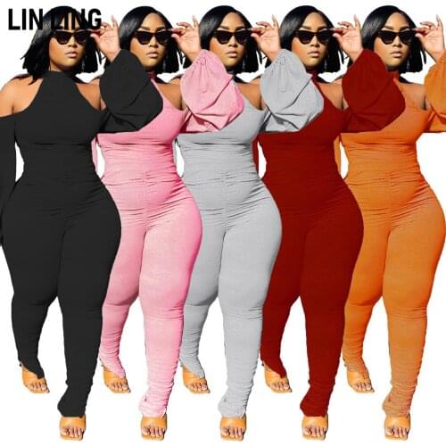 LINLING Sexy Halter Pleated Split Leg Bubble Sleeve Backless Skinny Stretch Summer Women Street Fashion Jumpsuits