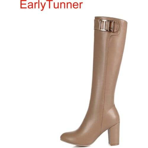 Brand New Black Wine Red Women Knee High Boots Fashion Square Lady Over Buckle Shoes Breathable EKN10 Plus Big size 10 11 32 45