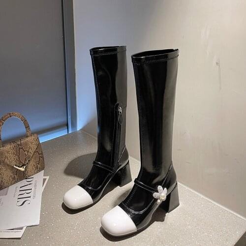 Womens Knee High Boots 2021 Winter New Women Warm Pearl Rhinestone Patent Leather Boots Ladies Fashion Elegant High Heel Boots