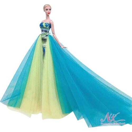 1 Pcs Princess Strapless Dress Blue Trailing Lace Wedding Gown Accessories Clothes for Barbie Doll Dollhouse Toy