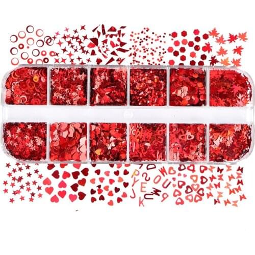 12Set 12 Grids Red Nail Sequins Holographic Glitter Butterfly Five-pointed Star Letter Heart Nail Art Sequins Art Decorations