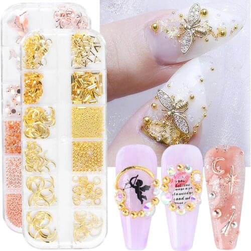 12 Grids 3D Nail Rhinestone Moon Gold Butterfly Heart Nail Art Charms Caviar Beads Decoration Ongles Manicure Accesoires GL1875
