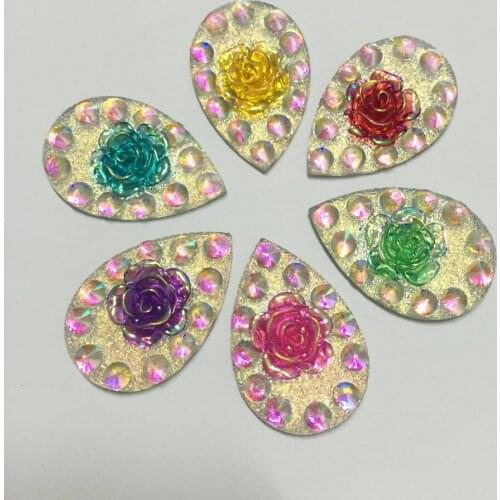12pcs AB Resin 20*30mm Double color teardrop rose flat back flower rhinestone Wedding Ornaments diy appliques D68*2