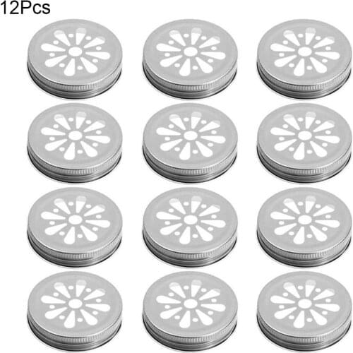 12PC 70mm Mason Jar Lids Stainless Steel Replacements Sealed Cover Daisy Jar Canning Lid Cover Drink Bottle Caps With Straw Hole