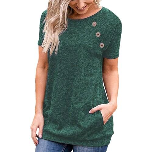 2021 Summer pocket short sleeve button solid t shirt One piece plus size tops Black green purple tee shirt grande taille femme