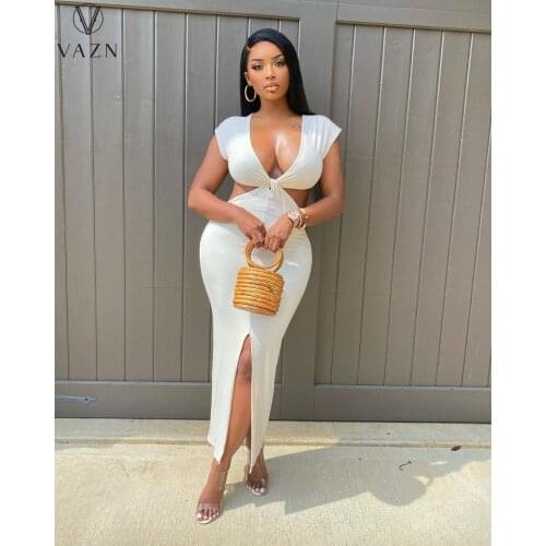 VAZN 2021 Pleated Chic Ladies Deep V-neck Casual Shinny Night Party Shinny Slim Maxi Dress Sleeveless Energetic Suitable Dress