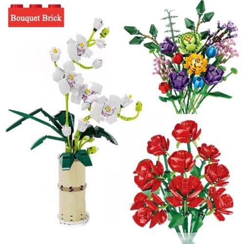 Valentines Day Bouquet Building Block Model Girl Gift Romantic Flower Plant Home Bonsai Decoration DIY Assembled Toy Brick