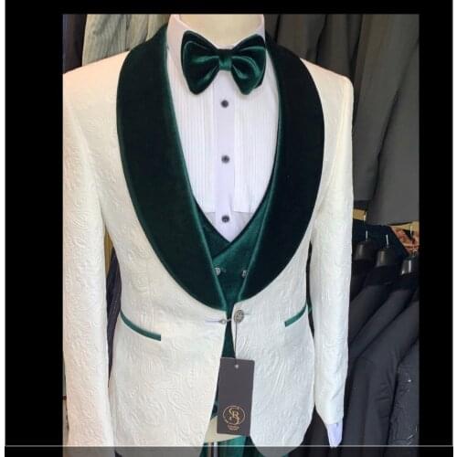 White Printed Jacket Dark Green Velvet Lapel Sim Fit Tailor Made Men Suits For Wedding Formal Wear 3 Peices Mens Groom Tuxedo