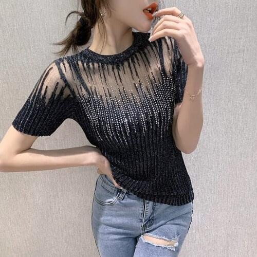 Summer Korean Clothes Knit T-Shirt Sexy Shiny Diamonds Transparent Women Tops Bottoming Shirt Elastic Comfy Tees New 2021