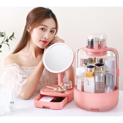 Fashion Cosmetic Storage Rack LED Makeup Mirror Set Waterproof Makeup Organizer Box With Led Light Mirror Talbe Vanity Mirrors