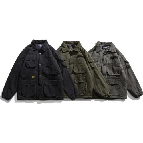 Winter new Japanese retro tooling cotton jacket men tide brand casual multi-pocket solid color thick cotton jacket