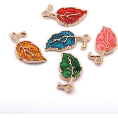 New 100pcs 19*9MM Enamel Alloy Charms Lovely Leaf Shape Alloy Earring Keyring Necklace Phone Chain Floating Oil Drop Pendnts