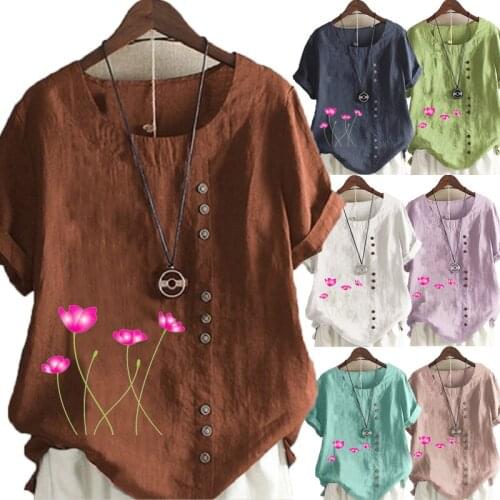New Women Summer Casual Floral Print Loose T-shirts Vintage Round Neck Plus Size Short Sleeve Blouse Tops S-5XL