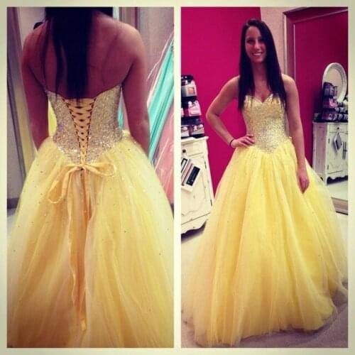 Dinner Narcissus Yellow Crystal Beads Embroidered Ball Gown Floor Length Wedding Party Dress