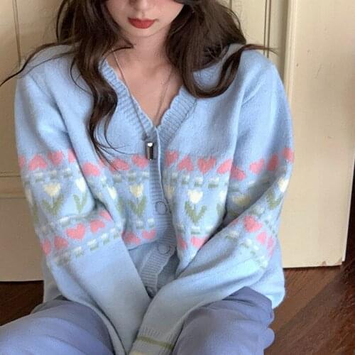 Korean Fashion Kawaii Knitted Sweaters Women Warm Japanese Sweet Cute Elegant Cardigan Print France Vintage Sweaters Autumn 2021