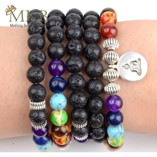 Drop Shipping 108pcs Mala Beads Bracelet Natural Stone Lava Beaded 7 Chakra Healing Bracelets For Women Men Yoga Prayer Jewelry