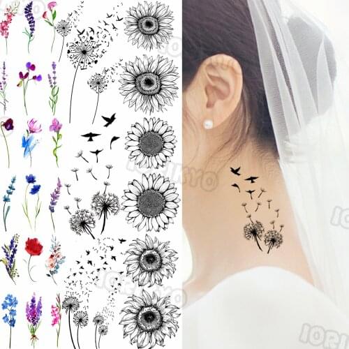 Dandelion Temporary Tattoos Small For Women Girls Realistic Sun Flower Lavender Fake Tattoo Sticker Wedding Neck Arm Tatoos DIY