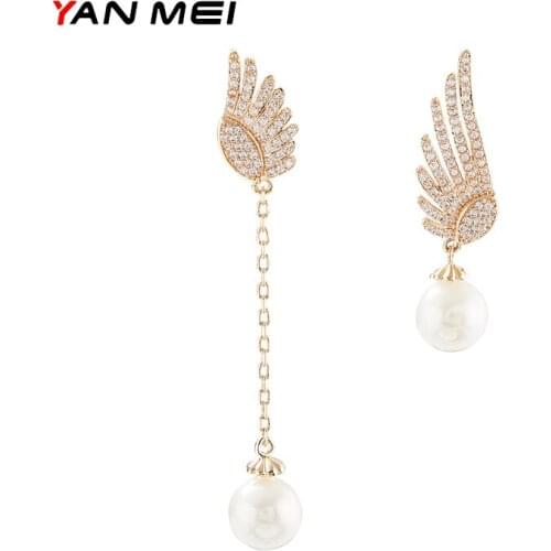 YANMEI Asymmetric Wings Pearl Pendant Earrings Simple Asymmetric Angel Wings Stud Earrings Imitation Pearl Earrings Female