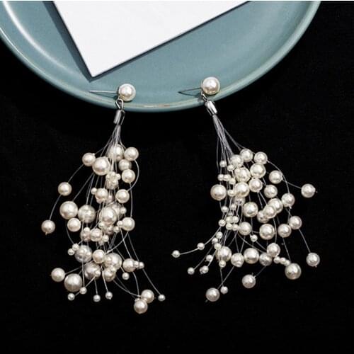 2021 New Arrival White Size Beads Earrings For Woman Elegant Long Tassel Simulated Pearls Fish Line Earrings Wedding Bride Gifts