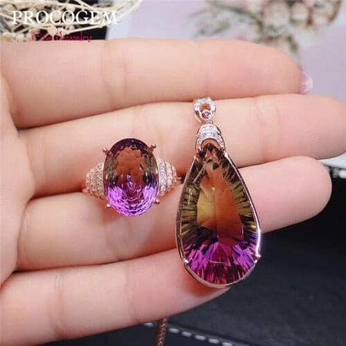 Trendy Ametrine Jewelry sets for Women Party Gifts Necklace Ring 13x25mm 15Ct Big gemstone with CZ Fine Jewelry S925 Silver #599