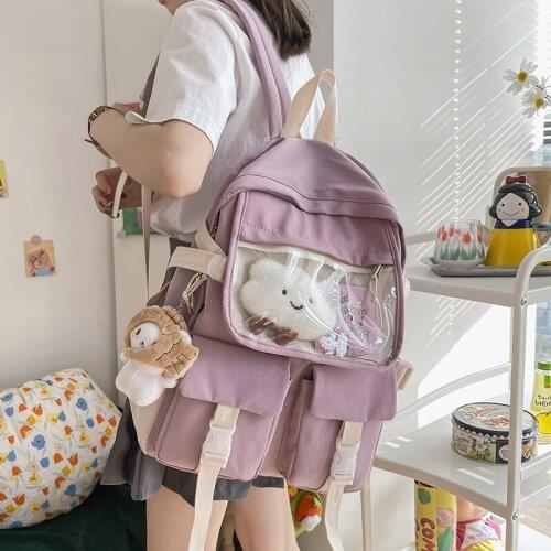 Preppy Style Women Backpack Solid Color Cute Female Backpack PVC Multi-Pocket School Bag for Teenage Girl Travel
