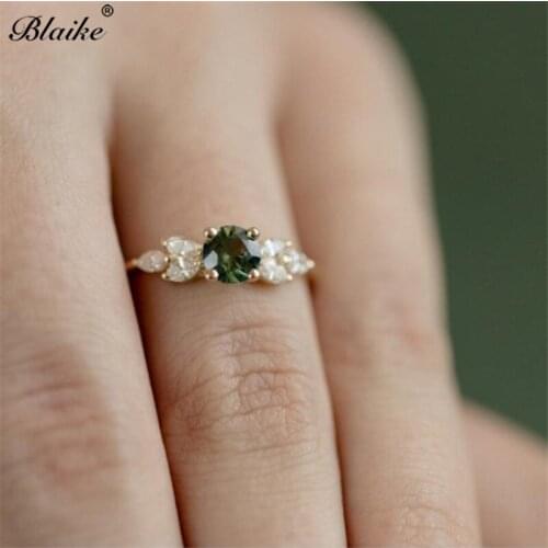 Blaike Yellow Gold Filled Leaf Ring Inlay Green Zircon Rings For Women Dainty Wedding Engagement Party Jewelry Anniversary Gifts