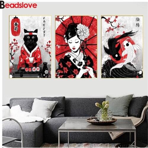 New 3pcs Diamond Painting Japanese Geisha Koi Fish Yin Yang Sushi Cat patterns DIY diamond embroidery square round drill mosaic