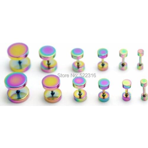 40pcs mix lots stainless steel round fake ear plugs anodized rainbow color cheaters studs earrings illusion ear studs