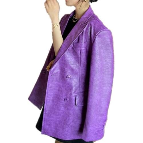 New arrival fashion Purple pu leather crocodile pattern blazer women double breasted suit casual handsome