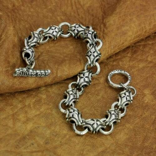 Cross Link Bracelet 925 Sterling Silver Mens Biker Rock Punk Chain TA226