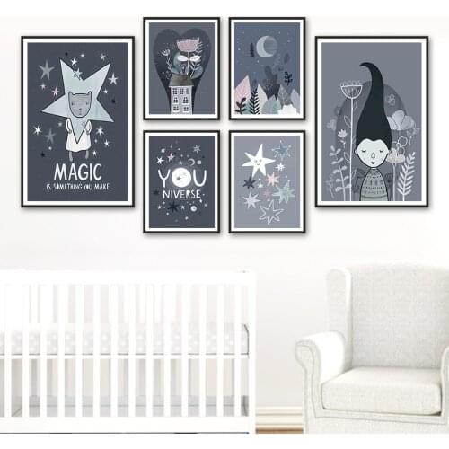 Girl Moon Star Flower Forest House Cat Cartoon Wall Art Canvas Painting Nordic Posters And Prints Wall Pictures Kids Room Decor