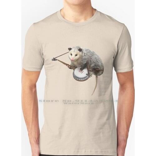 Opossum Playing Banjo T Shirt 100% Pure Cotton Minimalist Music Popular Weird Small Animal Rodent Cool Possum Nice Pretty Artsy