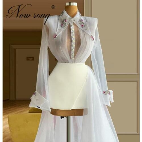 White Crystals Short Prom Dresses 2021 African Formal Beads Evening Dress Arabic Dubai Cocktail Party Gowns Vestidos De Festa