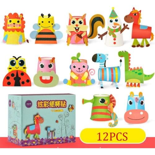 12Pcs/set Children Animals Style 3D DIY Handmade Paper Cups Stickers Material Kit Art Craft Kindergarten Educational Toys Gifts