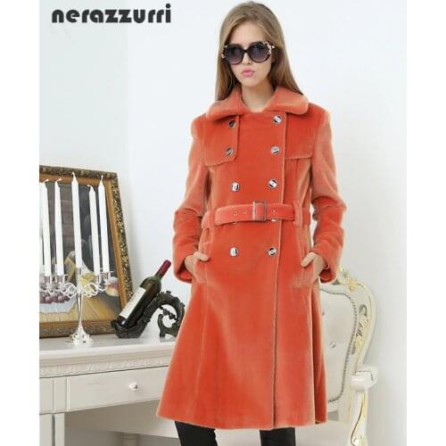 Nerazzurri Long trench coat for women fashion 2019 autumn double breasted casual slim british style orange faux fur overcoat