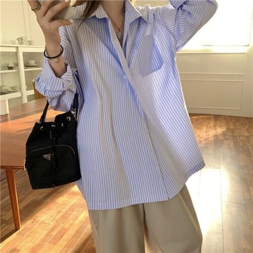 Alien Kitty 2021 New Autumn Ladies Shirt Long-Sleeved Striped Single-Button Classic Casual Loose Fashion All-Match Basic Top