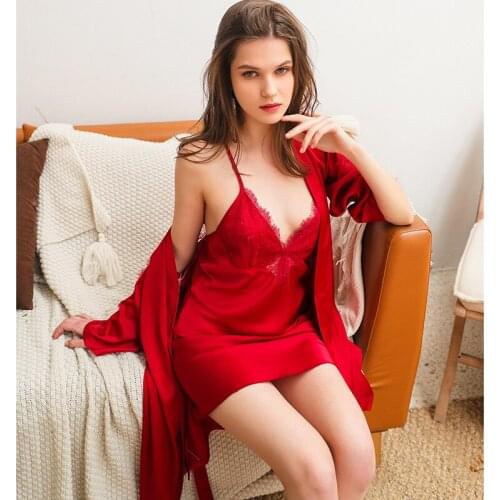 Red Sexy Women 2PC Strap Top Pajamas Sets Kimono Sleepwear Summer Home Wear Nightgown Suit Robe Bath Gown Sleepshirts M-XXL
